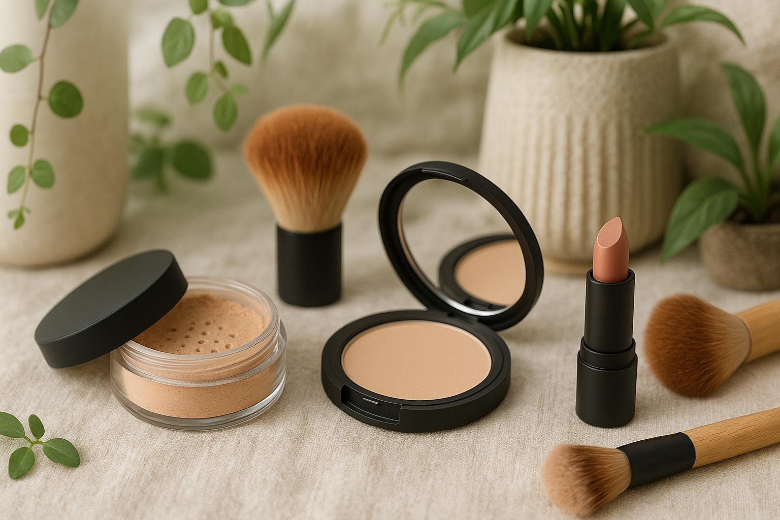 Minerale make-up producten van Mineralissima in een rustige, natuurlijke wellness omgeving